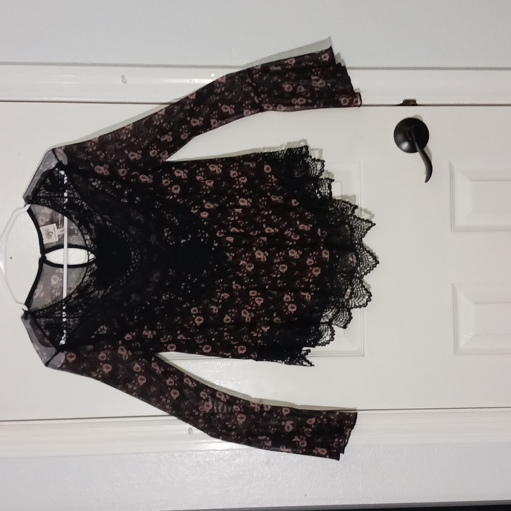 Self Esteem Sheer Floral Embroidered Crochet Top Blouse Flutter Long-Sleeve